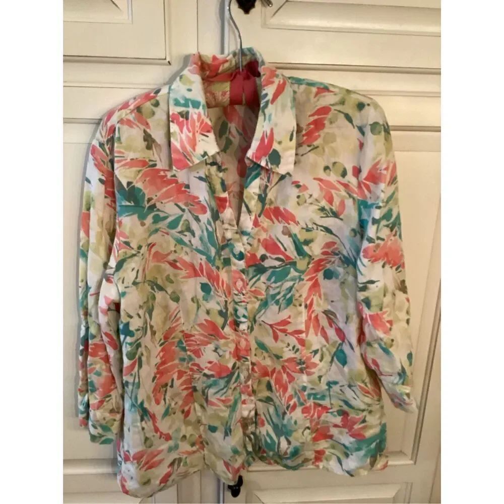 JM Collection 100% Linen Button Down Shirt Sz 14 Floral